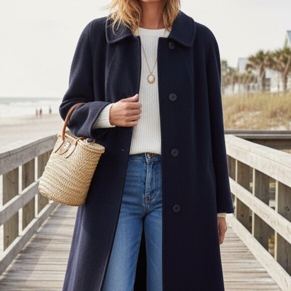 Vintage Golden Gate Deutsch Wool Tirol Blue Trench Coat Jacket sz XL - Picture 2 of 14